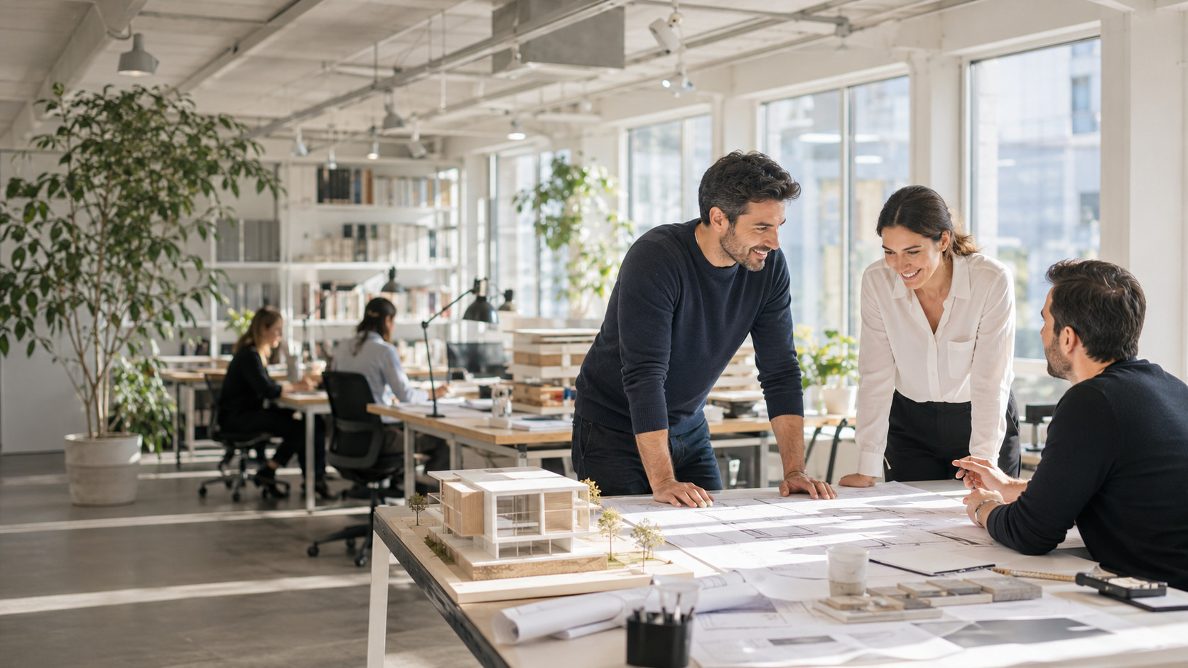 Ilustración de optimización de contenido web y visibilidad en búsquedas con IA para Architecture firms