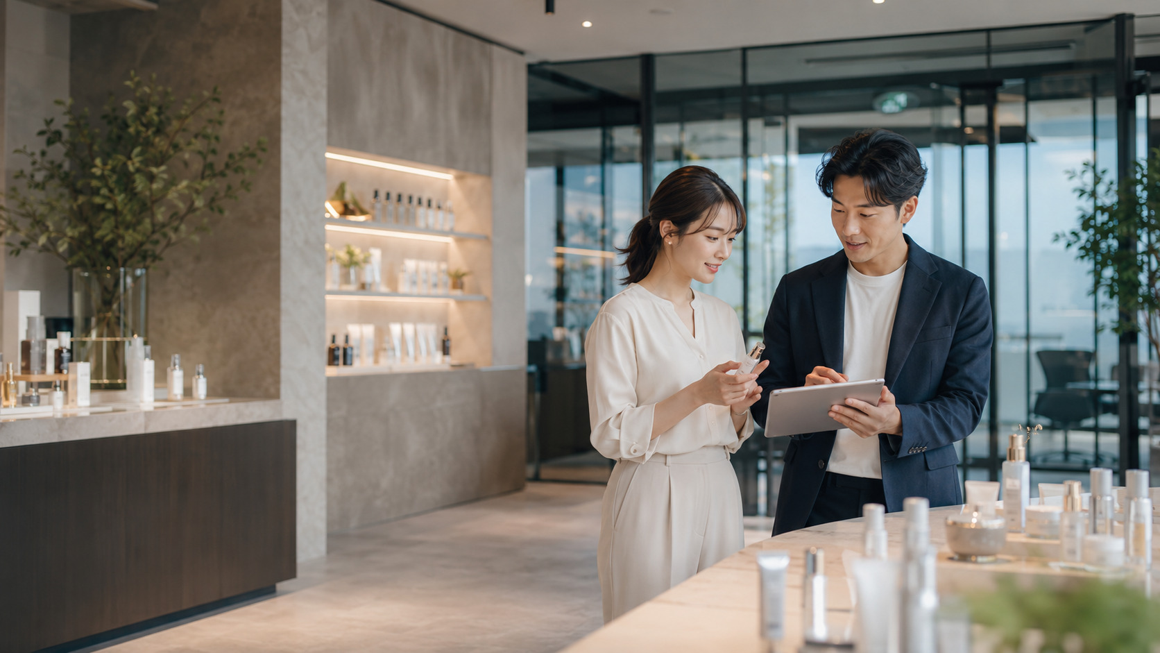 コスメブランド商品ページ、色号ページ、試色コンテンツと AI検索最適化・可視性向上イメージ