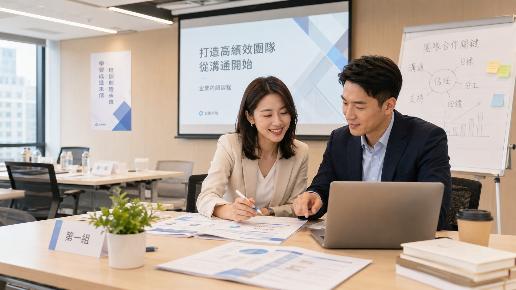 企業培訓公司課程頁、講師頁、案例與成效追蹤內容優化示意