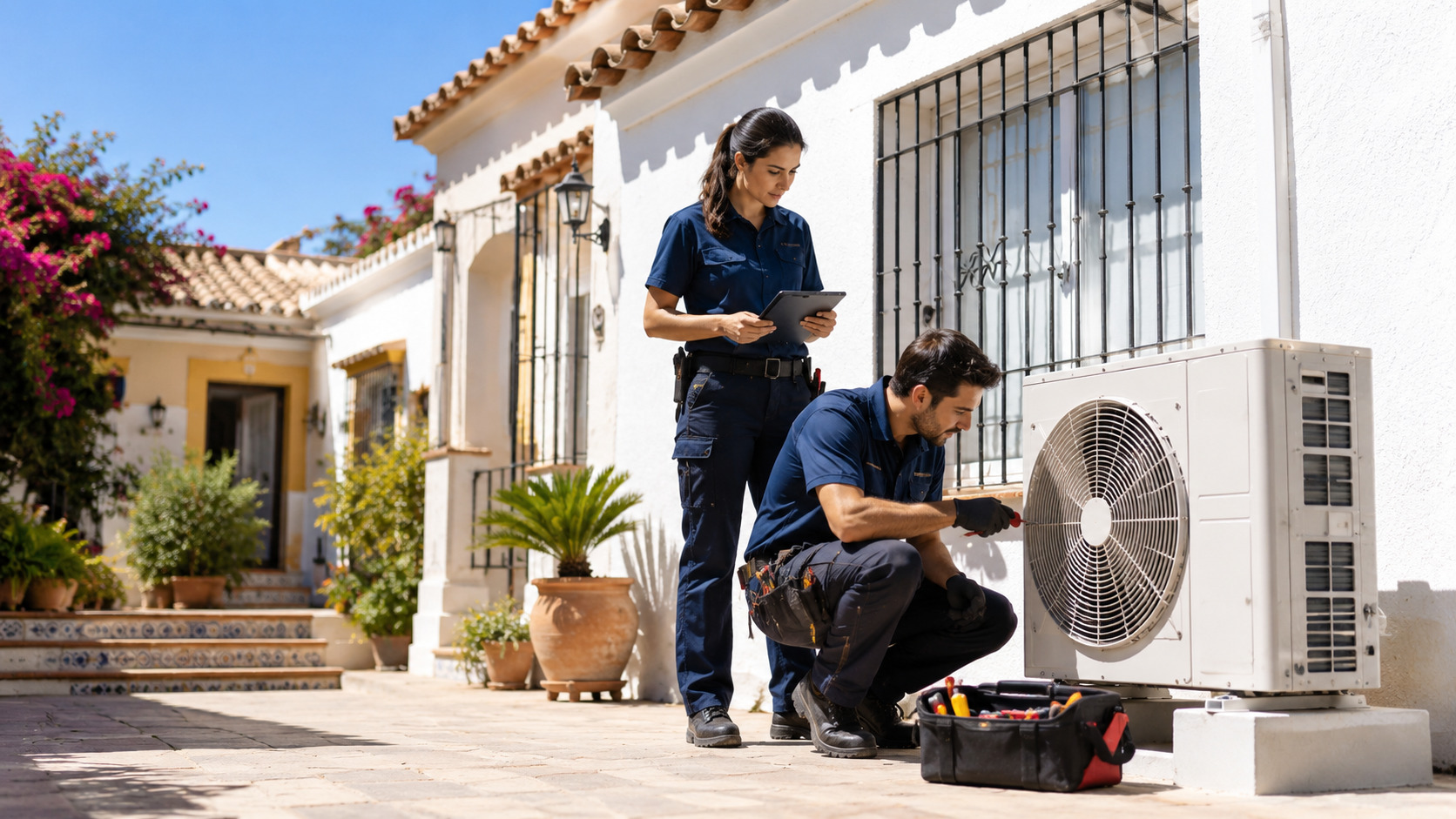 Ilustración de optimización de contenido web y visibilidad en búsquedas con IA para HVAC companies