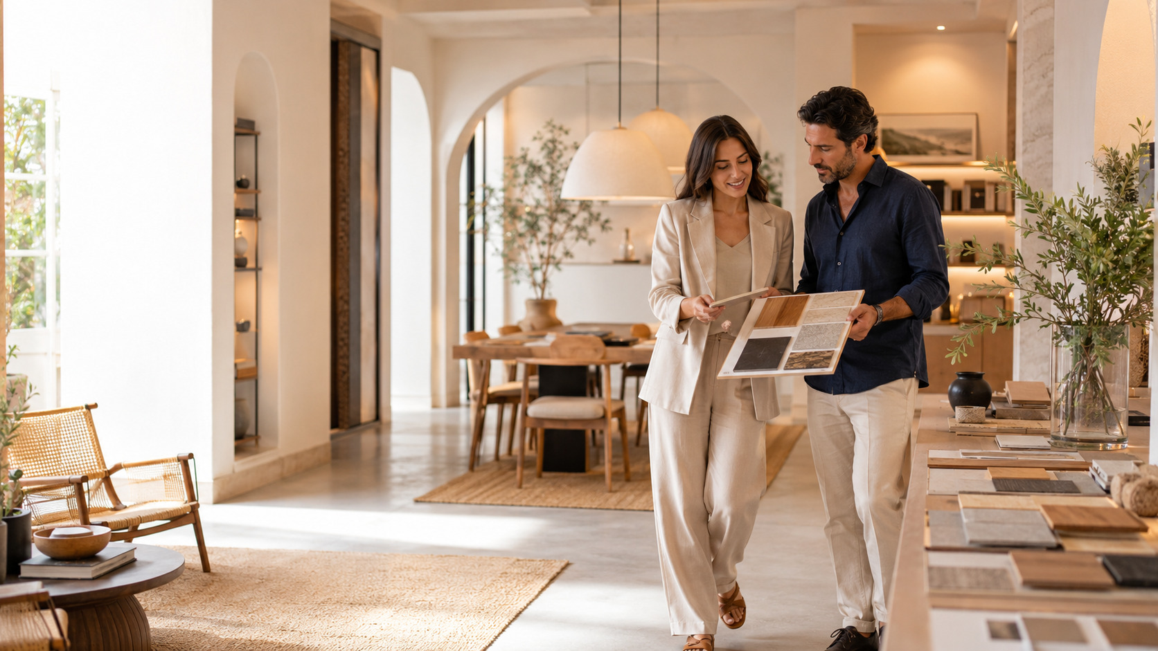 Ilustración de optimización de contenido web y visibilidad en búsquedas con IA para Interior designers