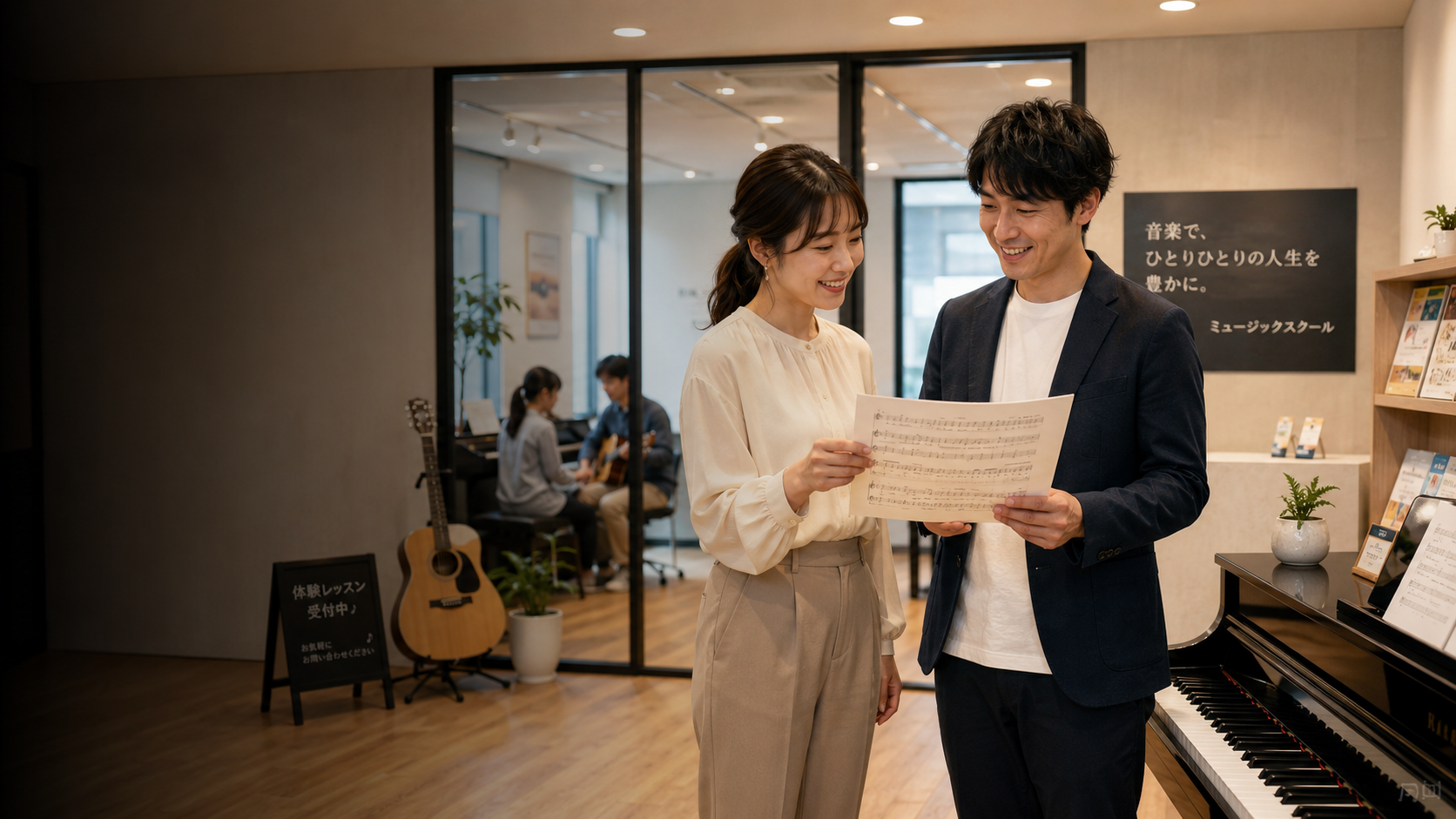 音楽教室樂器課、講師陣検定と AI検索可視性コンテンツ最適化イメージ