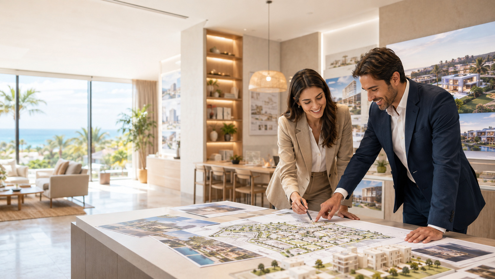 Ilustración de optimización de contenido web y visibilidad en búsquedas con IA para Property developers