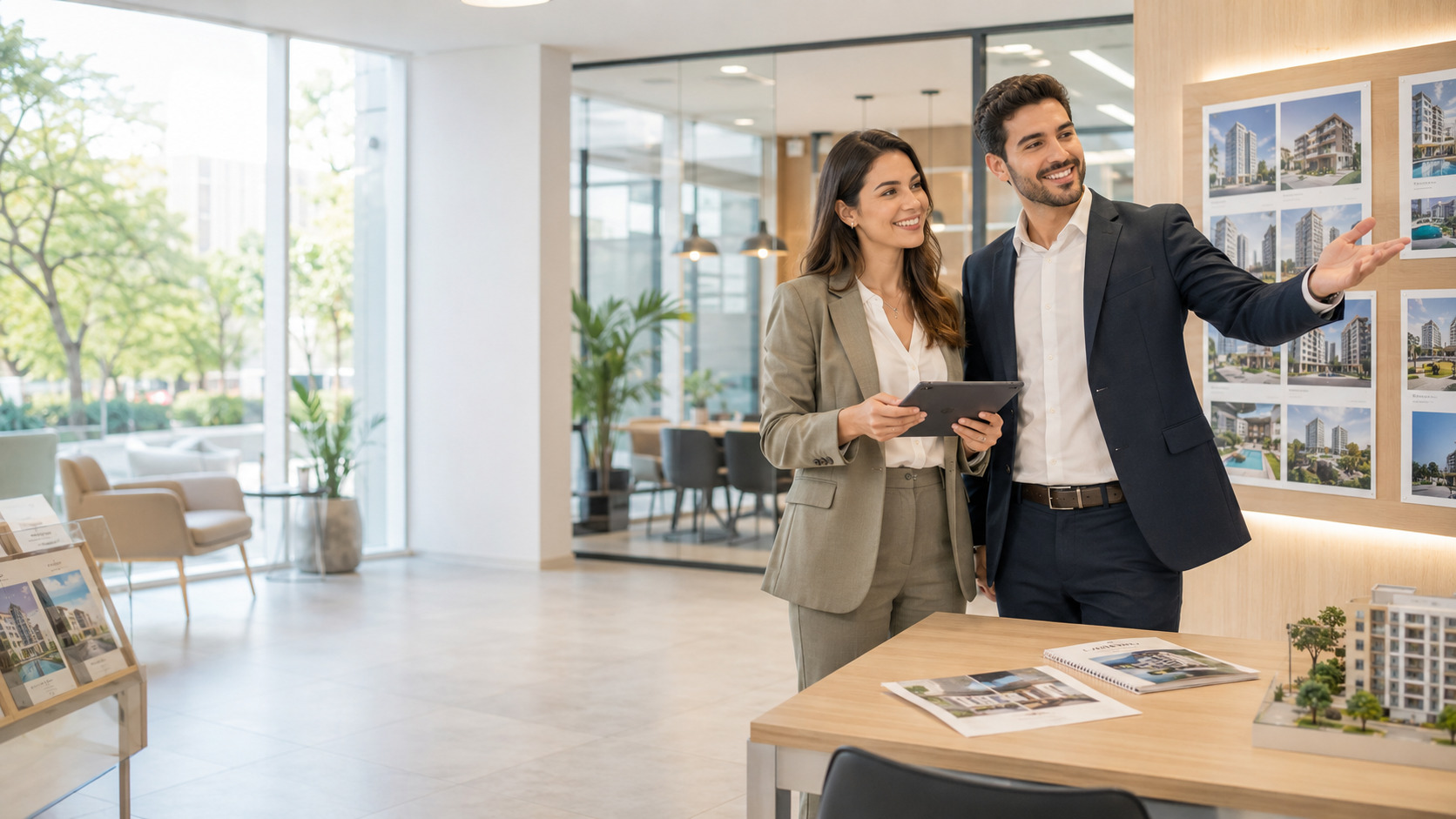 Ilustração de otimização de conteúdo do site e visibilidade em buscas com IA para Real estate agencies