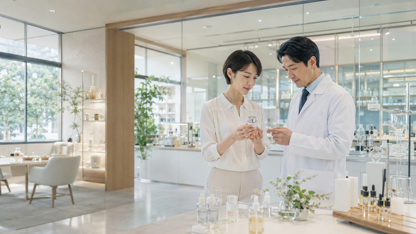 スキンケアブランド商品ページ、成分ページ、肌質ニーズページと AI検索最適化・可視性向上イメージ