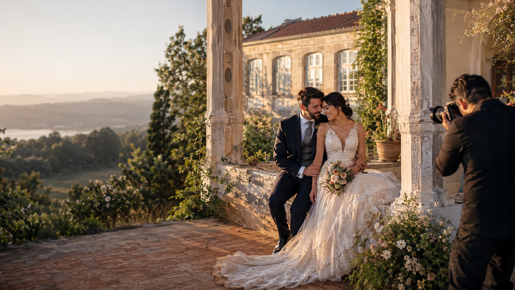 Ilustração de otimização de conteúdo do site e visibilidade em buscas com IA para Wedding photography studios