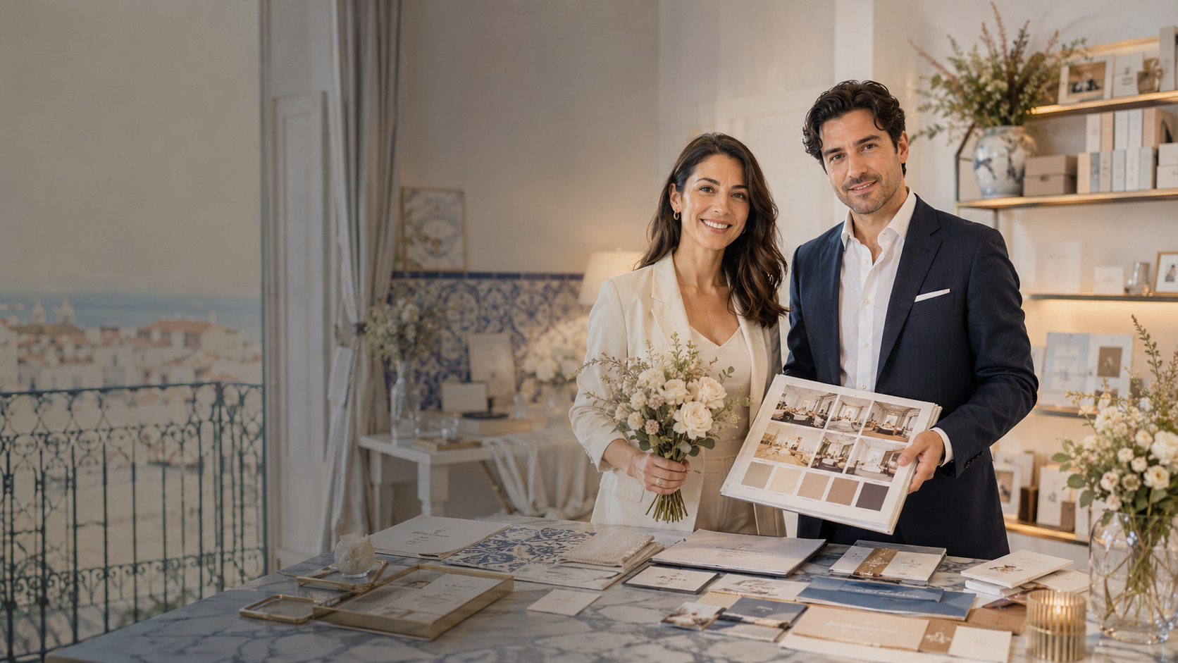 Ilustração de otimização de conteúdo do site e visibilidade em buscas com IA para Wedding planners